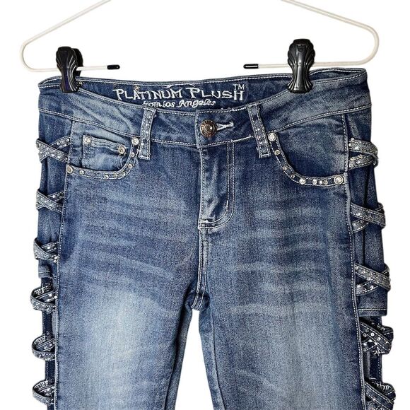 Platinum Plush Cross Me Women's Size 7 Blue Open-leg Rhinestone Jeans - Picture 3 of 10